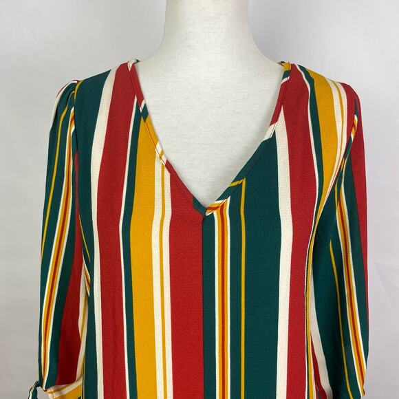 Entro | NWT Rustic Combo Vertical Stripe Tie Sleeve Short Shift Dress w Pockets - Picture 5 of 11